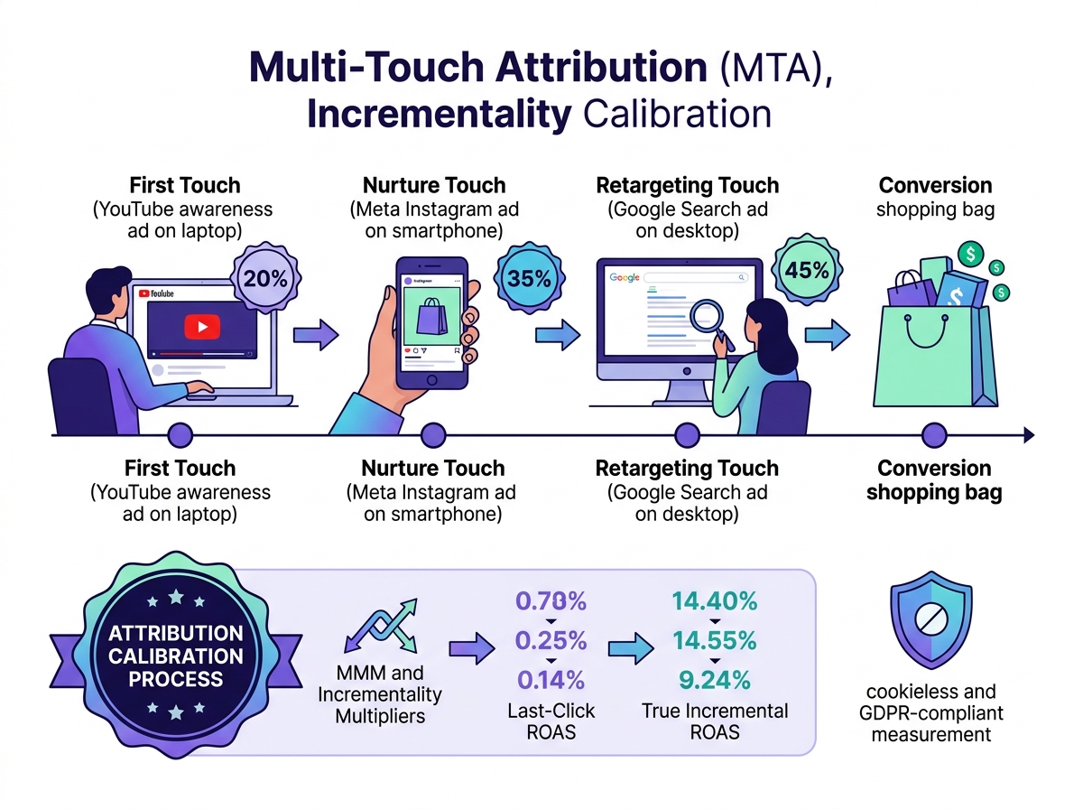 Multi-Touch Attribution (MTA) & Incrementality Calibration — Multi-device customer journey timeline, fractional weighting, and calibration multipliers