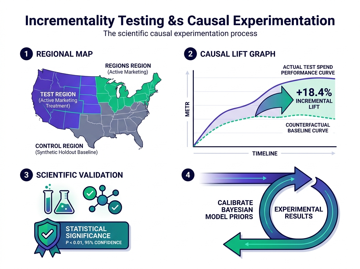 Incrementality Testing & Causal Experimentation — Regional test vs control split, causal lift graph (+18.4% lift), and Bayesian model calibration feedback