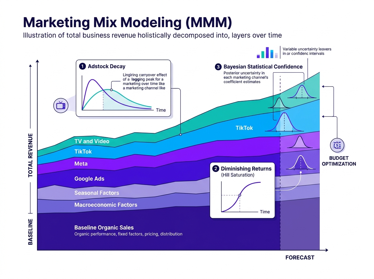 Marketing Mix Modeling — Holistic revenue decomposition, Adstock carryover decay, Hill saturation curve, and Bayesian posterior distributions