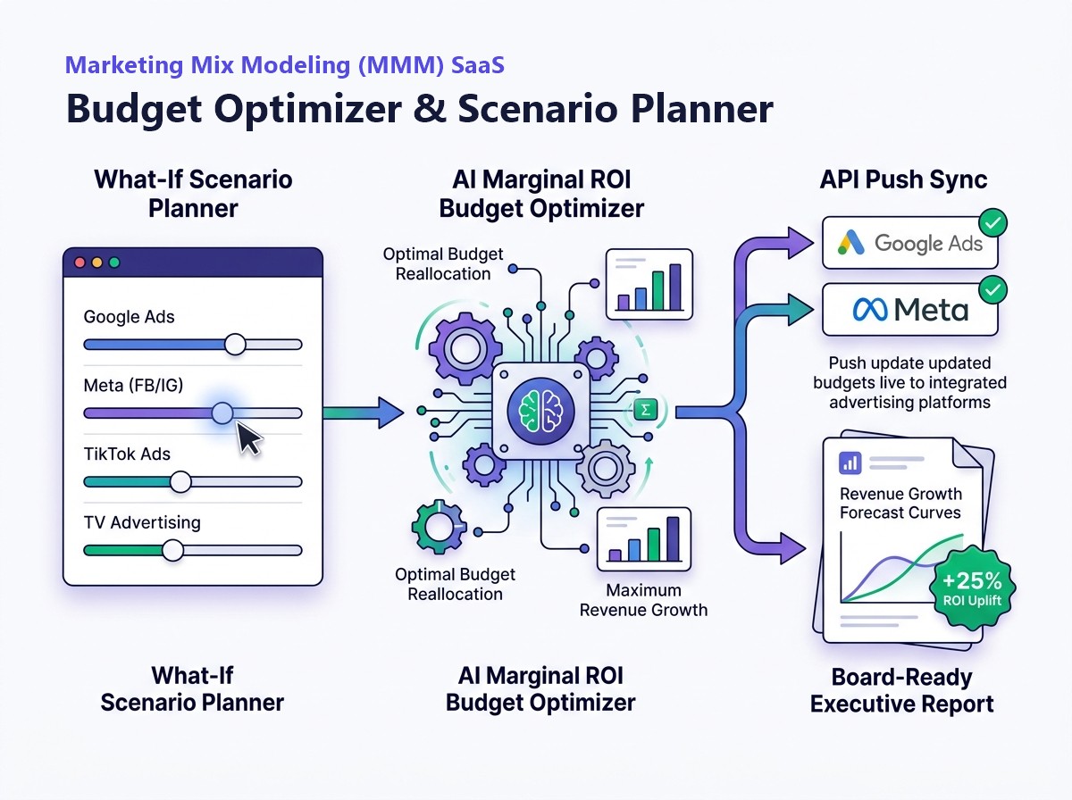 Budget Optimizer & Scenario Planner — Interactive what-if sliders, AI marginal ROI optimizer, live API push sync, and executive forecast report